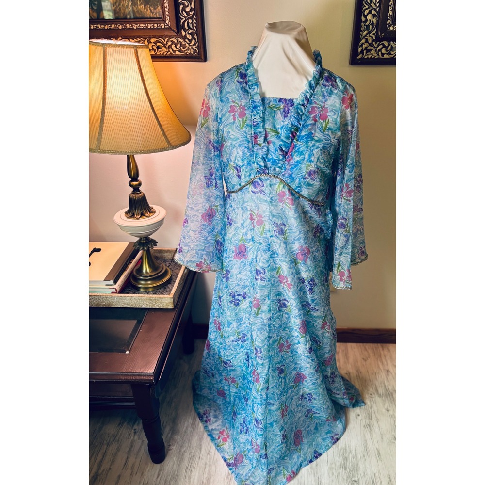 Vintage‎ 60s Mad Men flower Dress Set, Sheer Layered Gown Bell Sleeve S/M - Picture 7 of 16